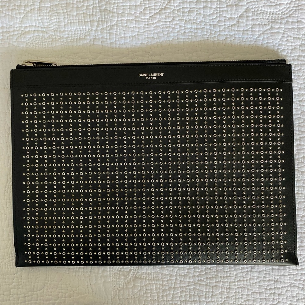 NEW YSL POUCH CASE BLACK LEATHER W SILVER GROMMETS - Picture 6 of 8